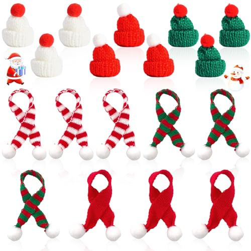 Lets Joy 18 Stück Mini Weihnachtsmütze und Schal Set, Mini Weihnachtsmütze, Weihnachten Mini Strick Schal, Mini Strickmütze des Weihnachten, Weihnachten DIY Basteln Puppenhaus Flaschen Dekoration