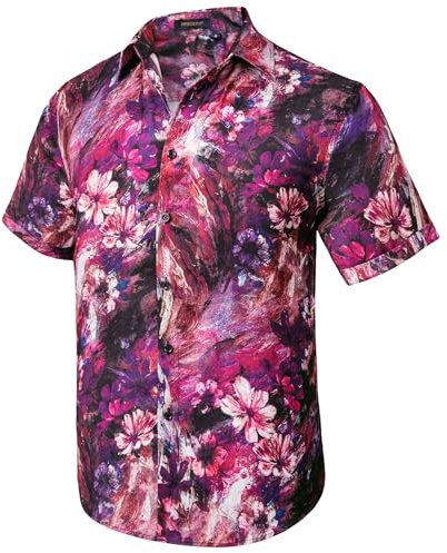 HISDERN Chemises Hawaïenne Hommes Manches Courtes Chemise Hawaiian Homme Funky Aloha Chemises Décontractée été Shirts Rose/Lila XXL