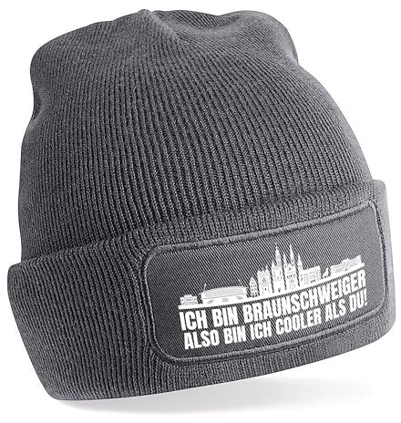 Beanie Strickmütze mit Spruch | Ich bin Braunschweiger also bin ich cooler als du! | Farbwahl | weiche und warme Fußball Mütze für Braunschweig Fan Skyline SoftTouch Einheitsgröße für Erwachsene