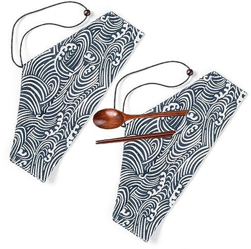 Sanfly Travel Cutlery Pouch Cloth Bag 2pcs Japanese Printing Chopsticks Pouch Tableware Carrying Storage Case for Chopsticks Spoon Fork