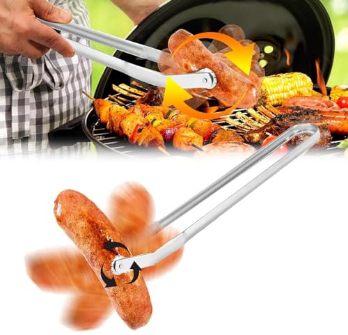 Pince tournante à saucisses pour barbecue, longue poignée, pince à barbecue en acier inoxydable avec rouleaux lisses sur le dessus, pour retourner le bacon, le steak, la viande, les légumes (38 cm)