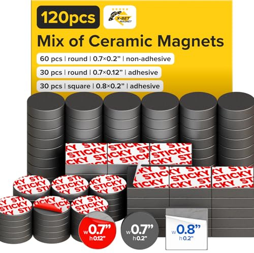 Keramik Magnete Set Rund & Eckig Selbstklebend (3 Größen Mix, 120 Stk) - Starke Klebemagnete Rostfrei für Haushalt, Werkstatt, Büro, Whiteboard & Basteln