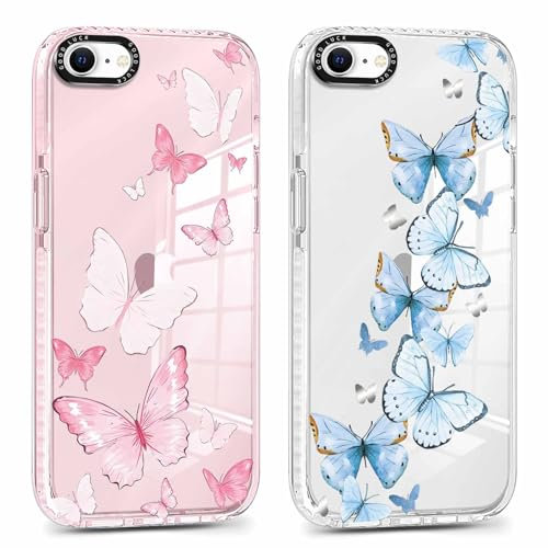 Foonary 2 Pack Clear Print Phone Case for iPhone 8/SE 2022/7/SE 2020 4.7,Slim Soft Silicone with Butterfly Design Aesthetics Transparent Pattern Cases,Shockproof Bumper Protector Cover for iPhone 7