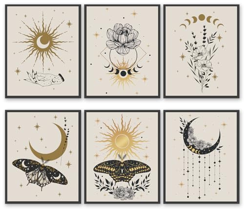HOGEBIG Abstraktes Leinwandbild Wanddrucke, Boho goldene Farben Esoterische Alchemie mystische Magie Poster, Halbmond, Sonne, Sterne, Blumenmuttel, Okkultismus Wanddekoration (27.9x35.6 cm) Ungerahmt