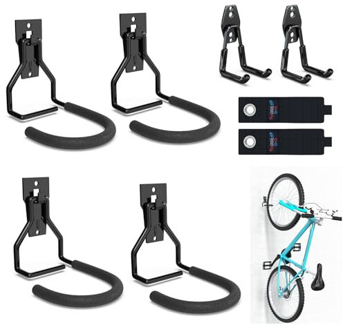 3-H Accroche Velo Mural 8 Pièces, Porte Velo Mural Acier Inoxydable 45KG Charge, Support Velo Mural Vertical avec Support Renforcé pour Appartement, Garage avec Crochet Mural et Sangle de Fixation