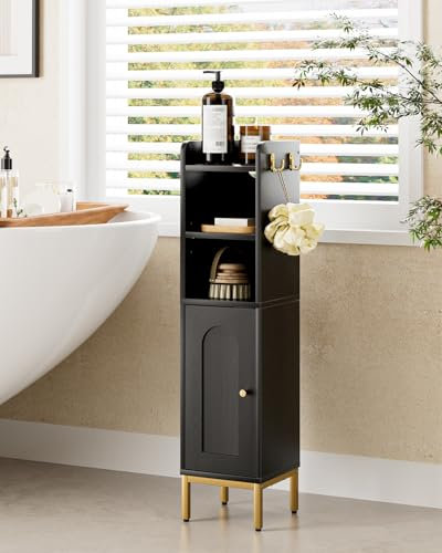 HEYZOEY Bathroom Cabinet, Freestanding Floor Cabinet, Tall Storage Cabinet Unit with Door, Slim Bathroom Storage for Bathroom, Kitchen, Living Room, Bedroom, Balcony or Office, Black