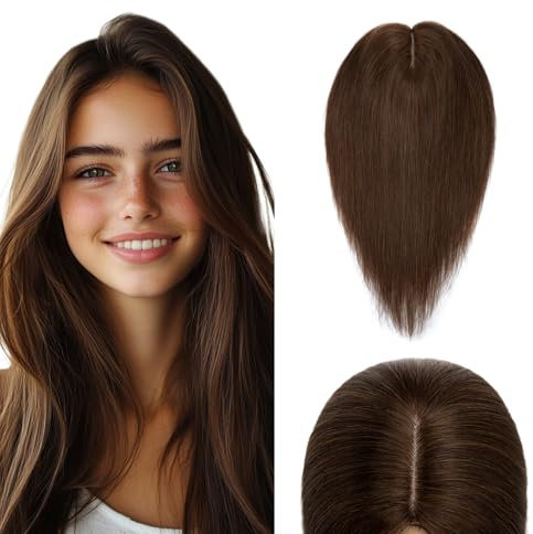 Elailite Echthaar Clip in Hair Topper Mittelbraun Haartopper Damen 130% Density 20cm 31g Haarteil Haarteile Toupet Silk Lace 10x12cm #4