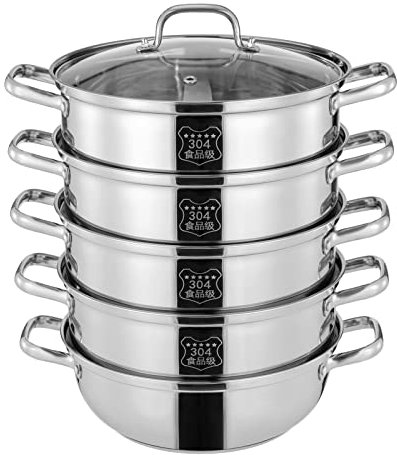 Dampfgarer Dampfkocher Mantowarka Induktion Edelstahl Schongarer Gardampftopf 5Lagiger 304Edelstahl Kochtopf Mit Glasdeckel KüChe Kochen Dampfer Topf FüNfschichtiger Integrierter (Silber, 30CM)
