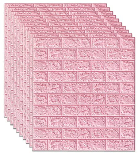 10 Stück 3D Wandpaneele Selbstklebend 70 * 77CM, Tapete Steinoptik Tapete Ziegel, Wandaufkleber Wasserdicht Wandtapete Klebetapete Steinoptik Ziegelstein für Schlafzimmer Badezimmer (rosa)