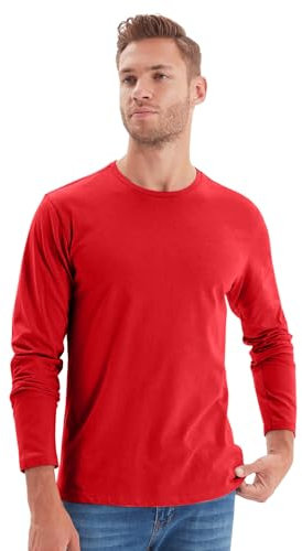 NetSetUK Mens Valueweight Long Sleeve T-Shirt Crew Neck 100% Cotton T Shirts Men Casual Pullover Long Sleeve Tee for Workwear or Sports Activities Red