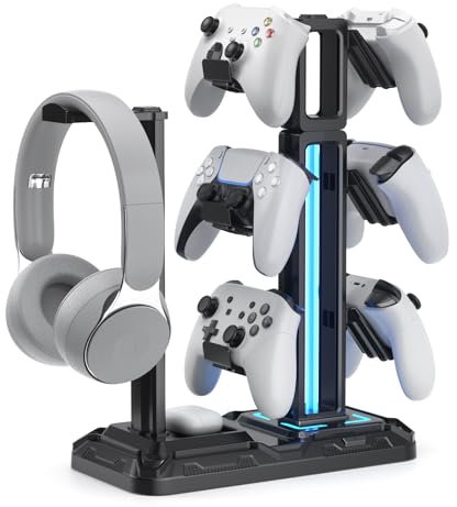 KDD Soporte Auriculares Múltiple con 9 Modos de Luz - Soporte Mando Giratorio - Soporte Cascos Gaming Universal con 6 Gancho Controlador Desmontables para Escritorio Gamer Accesorios Gaming PC