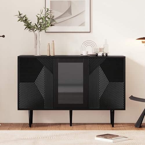roomfitters Commode avec 3 Portes, Buffet Moderne avec Portes vitrées et Pieds en métal, Solution de Rangement Polyvalente, Noir