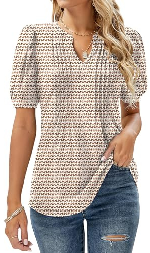 EFFAN Women Tops Summer Tunic Casual V Neck Pleated Short Sleeve 2025 T Shirts Flower Print Blouse My Orders Clothes Stripe L (UK 16-18)