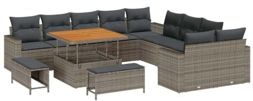 vidaXL 13-teiliges Garten-Sofa-Set mit Kissen in Grau aus Poly-Rattan und Akazie – Gartenmöbel für die Terrasse im Sommer