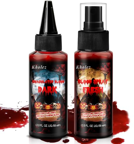 KHOLEZ Halloween Kunstblut Set 2PCS, Halloween Schminke, Kunstblut Spray und Tropfendes Kunstblut, Kunstblut Halloween Sicher Auswaschbar Kunstblut für Kleidung, Vampir, Zombie Braut, Wunden, Cosplay
