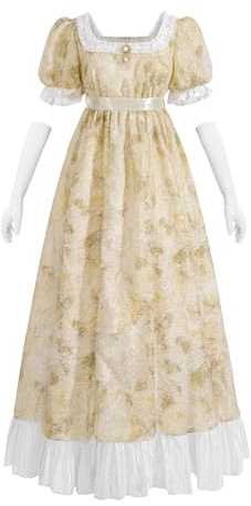 FCCAM Damen Regency Kleid Gelb Viktorianische Kleid Jane Austen Lange Vintage Kleider Empire Ballkleid mit Handschuhen Empire Taille, S