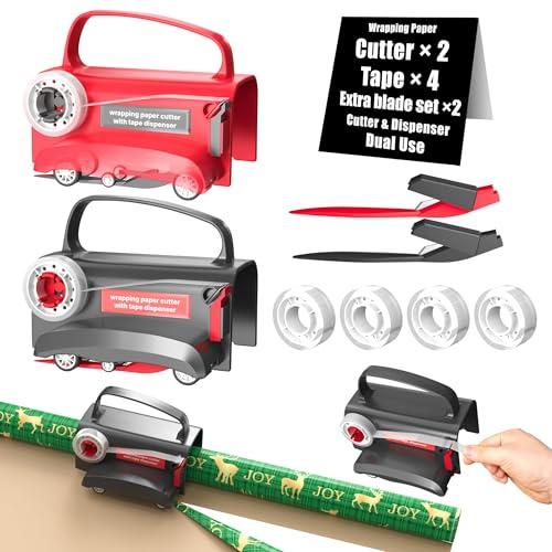 Vasmeiy Geschenkpapier Schneider für Rollen,2 Tragbare Papierschneider | mit Rädern,Wird mit 4 Klebebändern und 2 austauschbaren Klingen, für Geschenkpapier, Geburtstag, Weihnachten usw