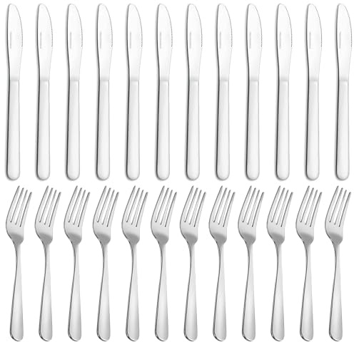 Pleafind 24 Piece Knife and Fork Sets, Stainless Steel Knives and Forks Set, Dinner Forks Set of 12 & Steak Knives Set of 12, Mirror Polishing Cutlery Set for Home/Kitchen/Restaurant, Dishwasher Safe