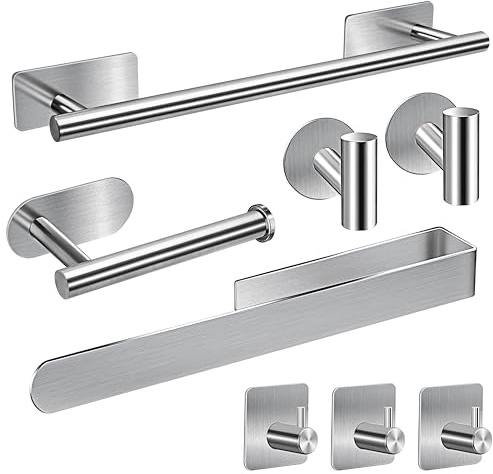 Accessori per il Bagno per Asciugamani Autoadesivi set 8PCS Acciaio Inossidabile Portasalviette da Bagno porta Carta Igienica Gancio per Accappatoio (Argento)