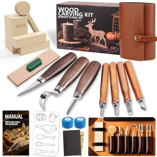 Wood Carving Kit Woodworking Chisel: Bluvizo Professional Whittling Craft Set, Starter 20 Pcs Deluxe Hand Tool Kit with Luxury PU Leather Case, Gift for Beginners Adults Kids DIY Fun