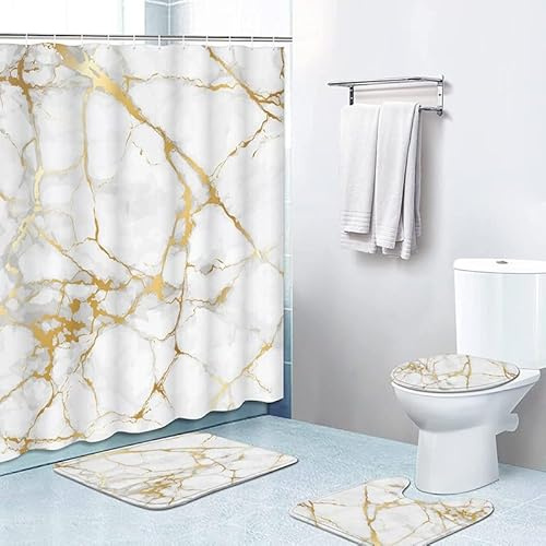 Badgarnitur 4 Teilig Badezimmerteppich Waschbar Badematte rutschfest,Wc Vorleger Mit Ausschnitt Badematte Und Duschvorhang,Badvorleger Toilette Teppich 45X75Cm Goldener Marmor