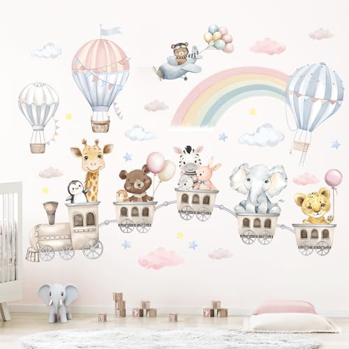FUFUQUARE Wandtattoo Tiere Zug Heißluftballon Wandaufkleber Bärchen Elefant Giraffe Regenbogen Wandsticker Wanddeko für Kinderzimmer Babyzimmer