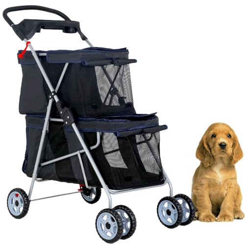 FDW 4 Wheels Pet Stroller Dog Cat Carriers Bag Lightweight Waterproof Folding Jogger Double Stroller with Cup Holders,Black