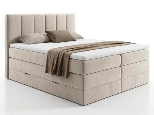 Sofnet Boxspringbett Star XL mit 2 Bettkästen und Topper, mit Taschenfederkern- und Bonellfederkernmatratze, Doppelbett, Polsterbett aus Veloursstoff mit Stauraum (Beige (Paros 02), 160 x 200 cm)