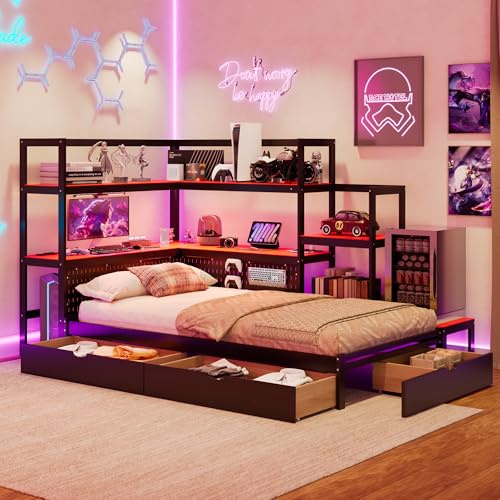Twin Daybed with Headboard Bookcase - Black+Red Gaming Corner Bed Frame with LED Lights and Charging Station, Wooden Twin Storage Bed Frames with 3 Drawers and Integrated Desk for Kids Teenagers