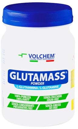 Volchem Glutamass Powder, Integratore Alimentare con L-Glutammina in Forma Libera, 100% Purezza, Recupero di Sforzi Intensi, Senza Grassi, Conservanti e Zuccheri, Barattolo con Polvere Solubile, 300 g