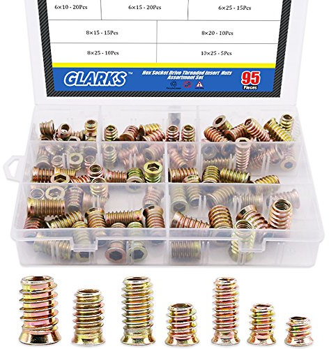 Glarks Einschraubmuttern, 95 Stück, Zinklegierung, Sechskant, Flansch, Gewinde, Sortiment Set für Holzmöbel