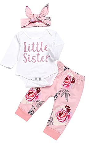 ChYoung Baby Girl Clothes Set Newborn Outfit Little Sister Romper Top and Rose Printed Pant and Headband 3 Pieces (Pink, 0-3 Months)