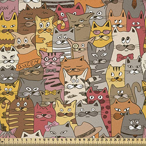 ABAKUHAUS Katze Stoff als Meterware, Psychedelische Comic-Maskottchen, Seidiger Satin Stoff für Polster Heimtextilien, 1M (148x100cm), Mehrfarbig