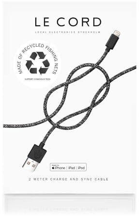 Cavo di Caricamento Eco-sostenibile per iPhone – Cavo Lightning MFI Apple per Caricare e Sincronizzare – Nero - 2 metri di lunghezza - 6.5 piedi – di qualità e molto resistente. Fatto di reti da pesca