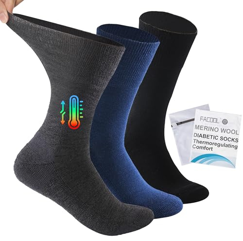 Facool Non-Binding Diabetic Socks, Men Women Merino Wool Moisture Wicking Soft Loose Top Non Slip Seamless Diabete Socks, 3 Pairs Black+Dark Grey+Navy Blue, US Women 6-8.5 / US Men 4-7.5