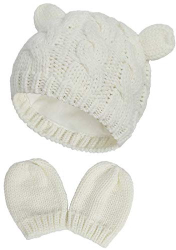 Yixda Neugeborene Baby Mütze und Handschuhe Set Kleinkind Winter Strickmütze Hüte (Weiß 2, 6-18 Monate)