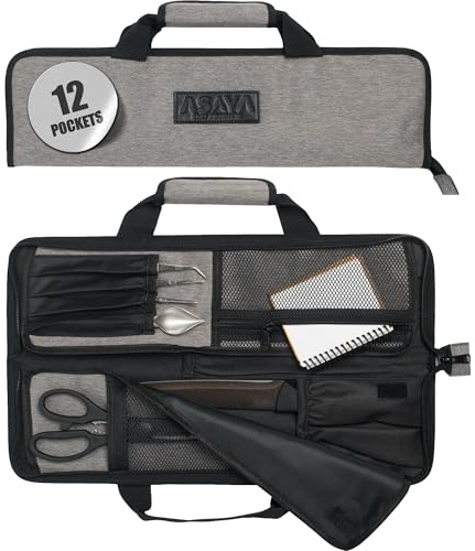 Asaya Chef Knife Roll Bag - 12-Pocket Chefs Case for Kitchen Knives and Utensils, Lightweight Stain-Resistant Waxed Nylon Chef Knife Bag - Knives Not Included (Grey)