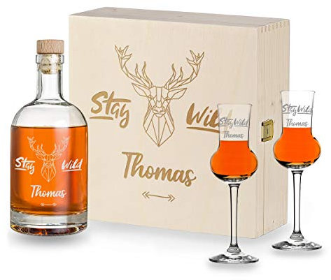 polar-effekt Graviertes Likör Set 4-TLG | 700 ml Likörflasche graviert | 2X Likörglas 87 ml | Ideal für Likör, Whisky und andere Spezialitäten | Geschenkidee für Jubiläum | Motiv Polygon Hirsch
