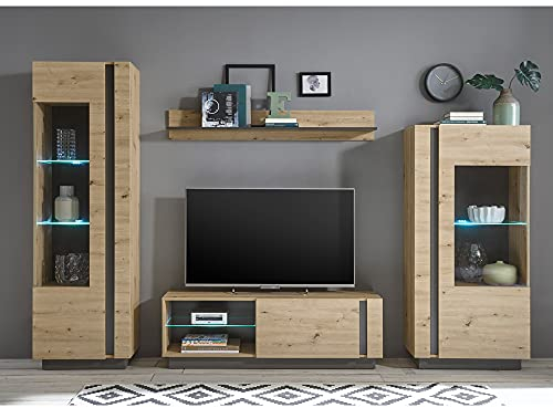 Lomadox Moderne TV-Wohnwand in Eiche Artisan Nb. mit Absetzungen in Graphit grau, B/H/T: ca. 290/194/40 cm