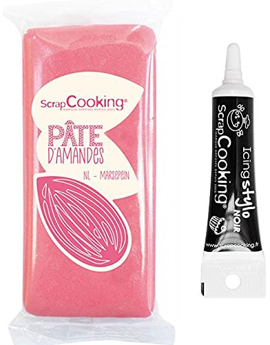 Pâte d'amande rose 200 g + Stylo de glaçage noir