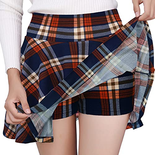 DJT Damen Mädchen Basic Solid Dehnbaren Informell Mini Skater Rock mit Shorts Marineblau Plaid Small