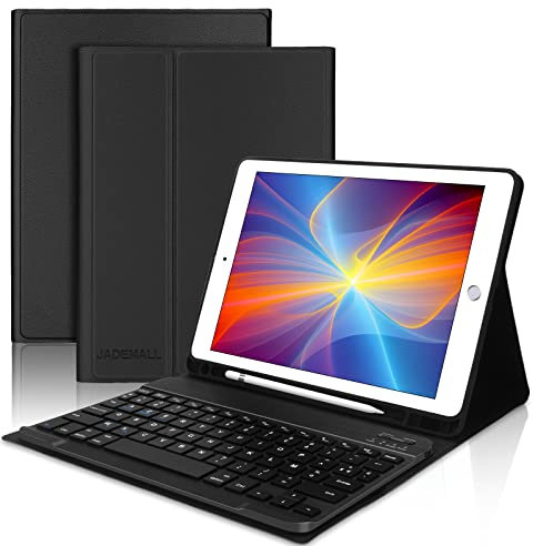 JADEMALL Étui Clavier pour iPad 9.7, iPad 6ème/5ème Génération-2018/2017, Air 2/1, Pro 9.7, Coque Clavier AZERTY Français Bluetooth Amovible avec Fente pour Stylo(Noir)