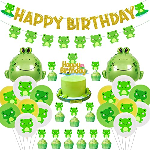 Frosch-Geburtstagsparty-Dekorationen, Frosch-Partyzubehör mit Happy Birthday-Banner, Tortenaufsatz, Frosch-Latexballons, Folienballons für Jungen-Mädchen-Bday-Party-Zubehör