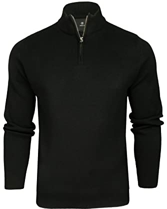 Xact Men’s Cotton Rich Regular Fit Quarter Zip Jumper, 1/4 Zip Pullover Sweater, Smart Casual Knitwear for Men, Classic Zip Neck Pullover (Black) L