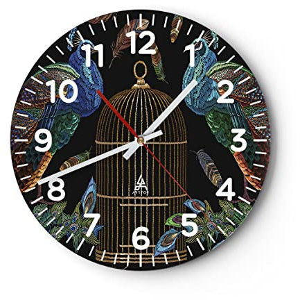 Modern Wanduhr Pfauen Gold Käfig 30x30cm Rund Klein Wand Uhr Glas Analog Zimmeruhren Küche Büro Wohnzimmer Glasuhr Wall Clock Dekoration Design Wanddekoration Küchenuhr C4AR30x30-4390