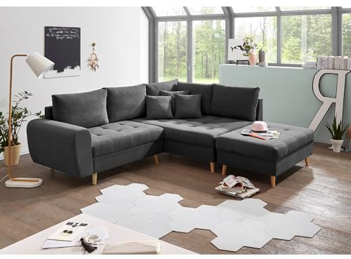 Lomadox Ecksofa mit Hocker und Kissen in anthrazit modern | L-Form Mir Recamiere rechts