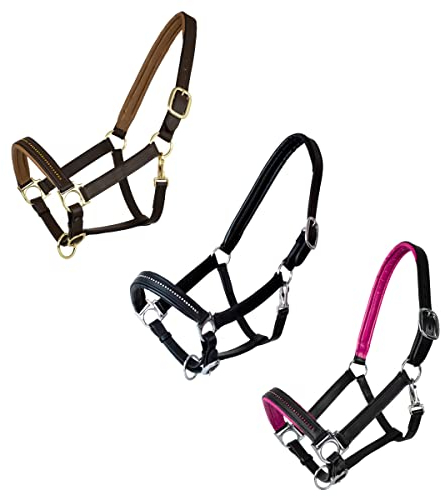 Marengos - Halfter Diamond aus Leder | Halfter für Pferde | Pferdehalfter mit farbig unterlegtem Nasenriemen & Genickstück | edles Lederhalfter | Pferde Zubehör in Schwarz/Pink | Warmblut