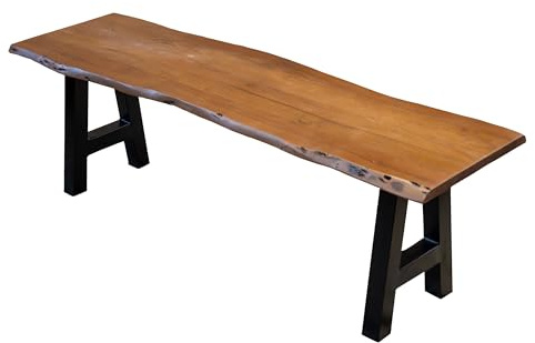 SAM Esszimmerbank 160x42 cm Quintus, Akazienholz massiv & nussbaumfarben, echte Baumkante, Baumkantenbank mit A-Gestell Schwarz, Sitzbank mit 26 mm Platte