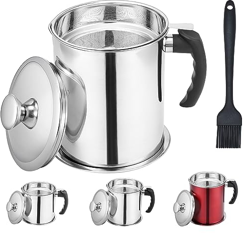 Kaeml 2.2L,74 FL OZ Bacon Grease Container With Strainer,Oil Storage Container for Kitchen,Filtered Oil Jug With Lid and Easy Grip Handle for Storing Meat Frying Oil and Cooking Oil