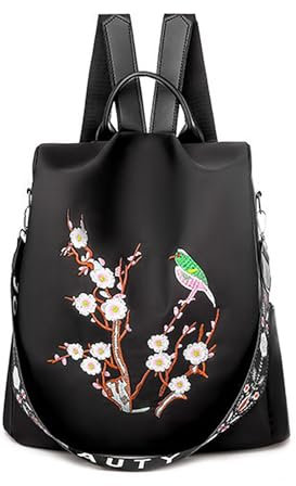Rucksack Damen Wasserdichte Anti Diebstahl Schulrucksack Umhängetasche, Mode Cityrucksack Tagesrucksack für Schule Reisen Arbeit Einkauf (Vogel Schwarz)